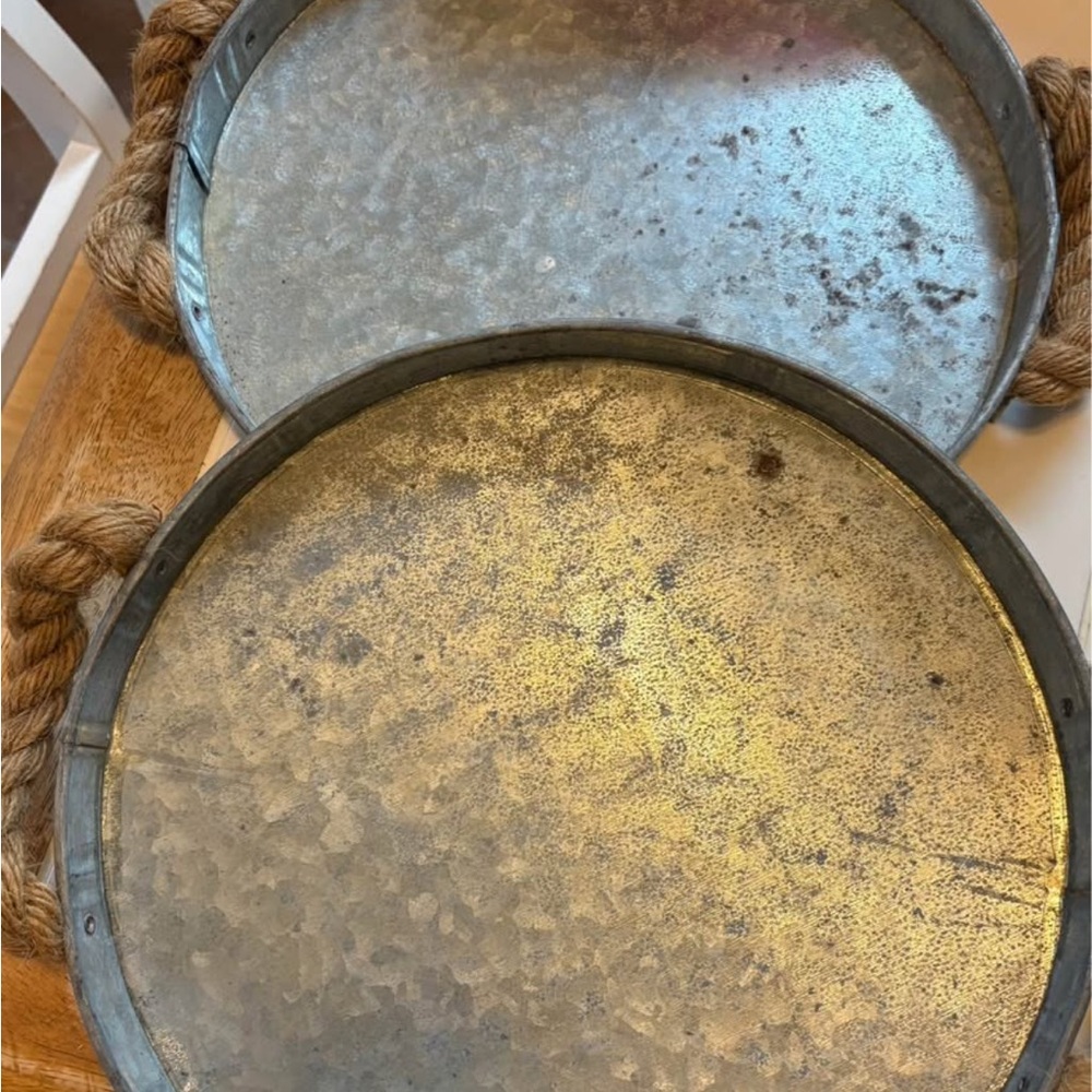 Set of 2 Rustic Round Metal Trays with Rope Handles